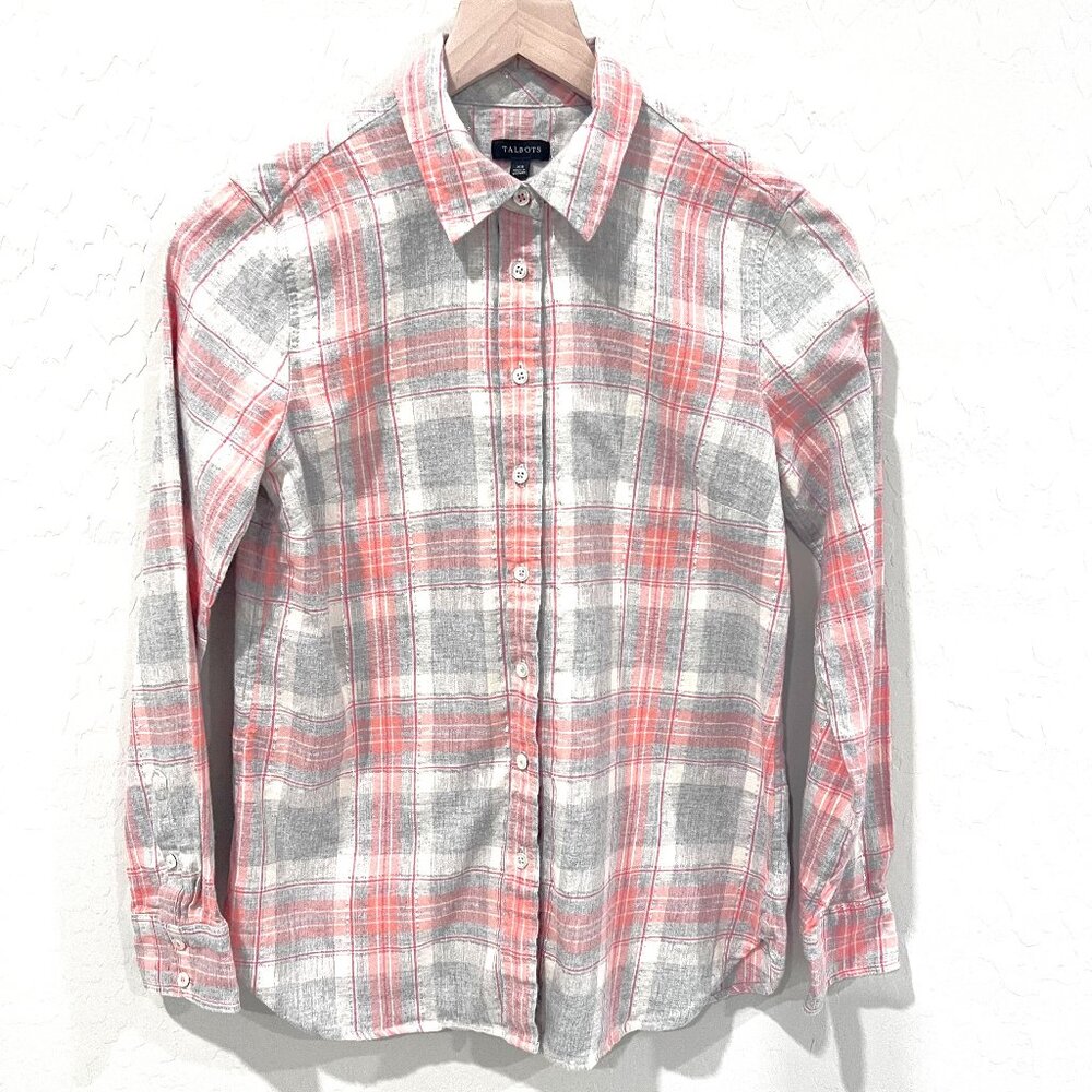 Talbots Top Flannel Metallic Gray Peach Size XS